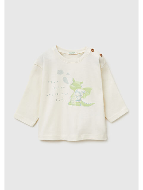 United Colors Of Benetton Bebek Krem Omzu Ahşap Düğme Detaylı İşlemeli Baskılı Uzun Kollu T-Shirt - S000517286-19966