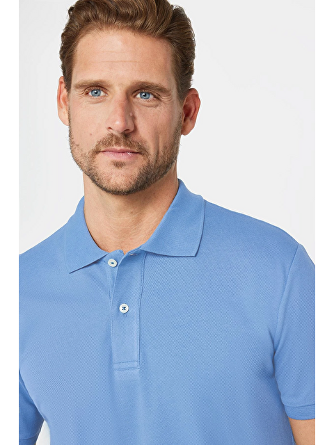 TUDORS Erkek Slim Fit Dar Kesim %100 Pamuk Mavi Polo Yaka Tişört