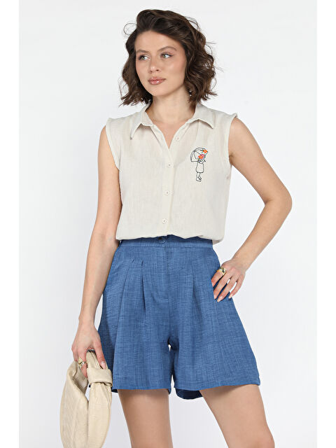 Gülseli Kadın Bel Büzgülü Pileli Bol Kesim Yüksek Bel Şort - S000365045-23093