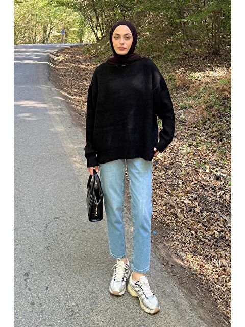 Lamelif İnce Örgülü Kazak Siyah - S000517976-19351