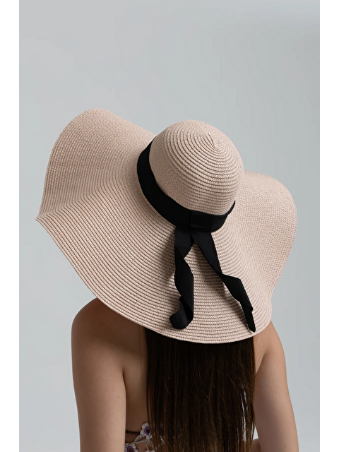 Luminos Butik Pudra Kurdelalı Ekstra Geniş Hasır Şapka HSR2039 Kutulu Gönderim