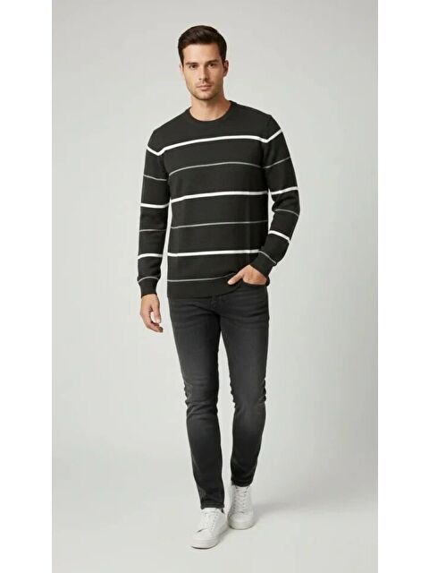 Jane's Erkek Bisiklet Yaka Cizgili Triko Kazak Yumuşak Dokulu Pamuklu Ince Dokuma, Uzun Kollu Rahat Regular