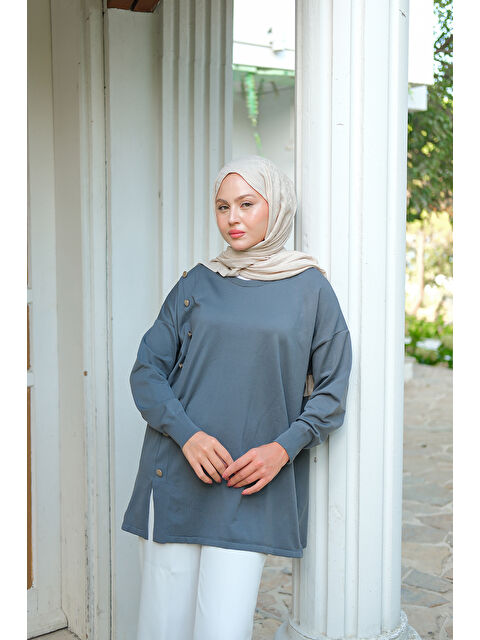 Locco Moda Kadın Ön Düğme Detay Tunik Füme - S000435817-33408