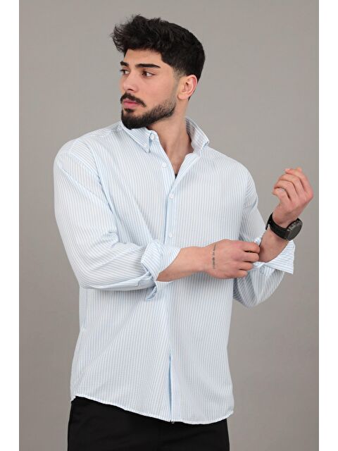 Stilkombin İnce Çizgili Oversize Yazlık Uzun Kol Gömlek MRS 218_40415