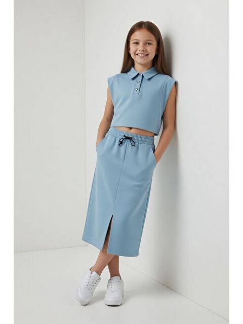 Cansın Mini Açık Mavi Sıfır Kol Crop ve Yırtmaç Detaylı Etekli Kız Çocuk Alt Üst Takım 24007