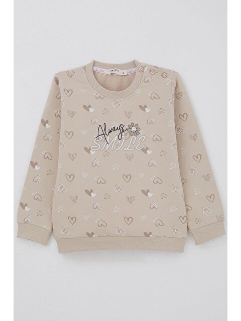 Breeze Kız Çocuk Sweatshirt Kalp Desenli Yazı Baskılı Bej (1.5-5 Yaş) - S000433313-19928