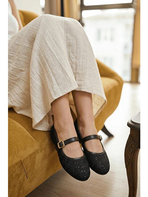 Oksit Tweed Dokulu Mary Jane Babet - Klasik Tokalı Zarif Ayakkabı