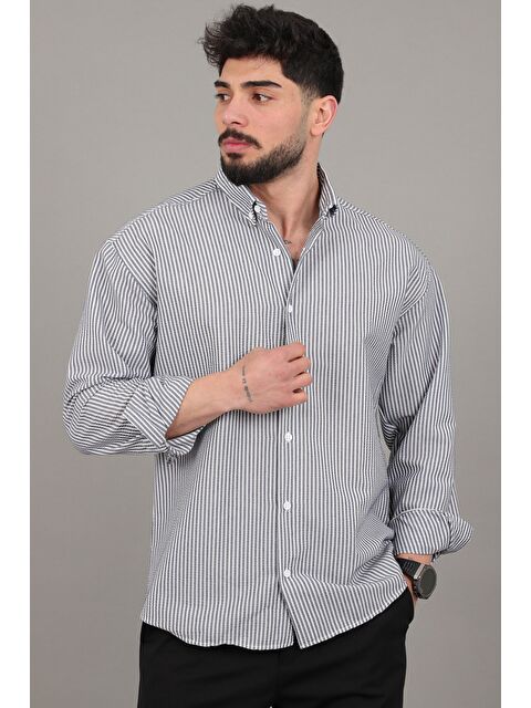 Stilkombin İnce Çizgili Oversize Yazlık Uzun Kol Gömlek MRS 218_40415