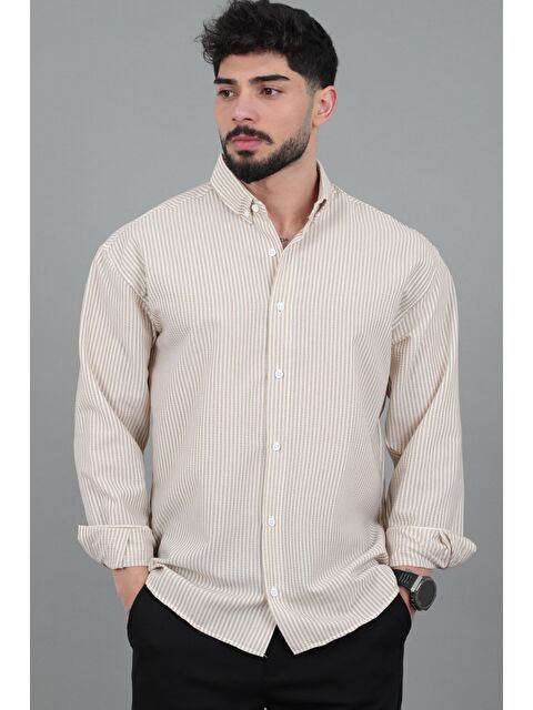 Stilkombin İnce Çizgili Oversize Yazlık Uzun Kol Gömlek MRS 218_40415