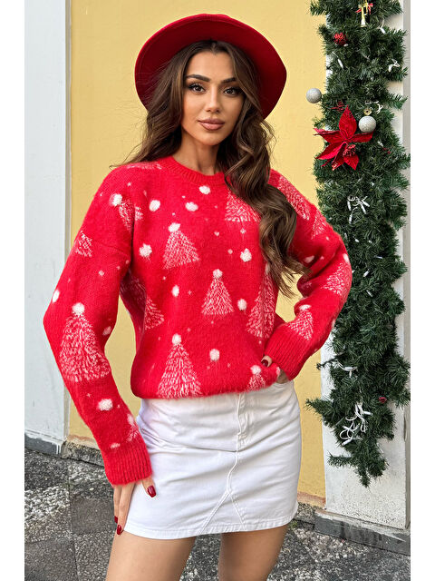 Gülseli Bisiklet Yaka Yılbaşı Ağaç Desenli Kadın Triko Kazak - S000324511-20045