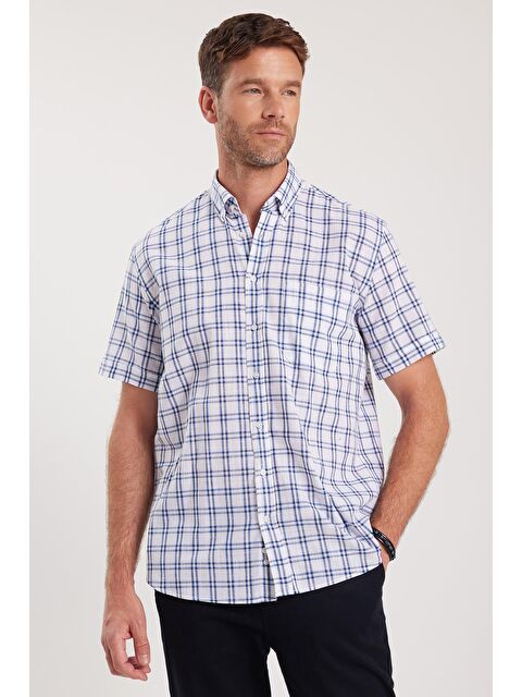 TUDORS Erkek Regular Fit Klasik Kesim %100 Pamuk Keten Doku Cepli Kareli Kısa Kollu Düğmeli Yaka Gömlek - S000519011-23173