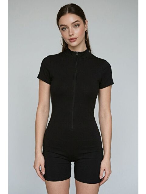 Madmext Siyah Slim Fit Fermuarlı Şort Tulum Mg2794