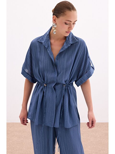 SATEEN Bel Büzgü Detaylı Gömlek - İndigo - S000390273-23093