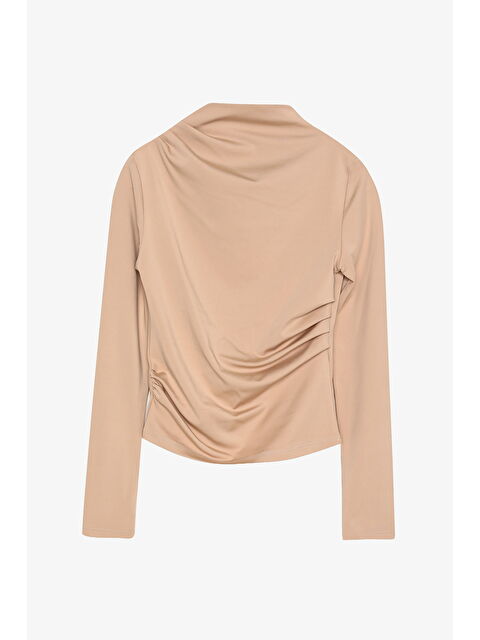 QUZU Drapeli Yüksek Yaka Uzun Kollu Basic Bluz Bej - S000427286-19928