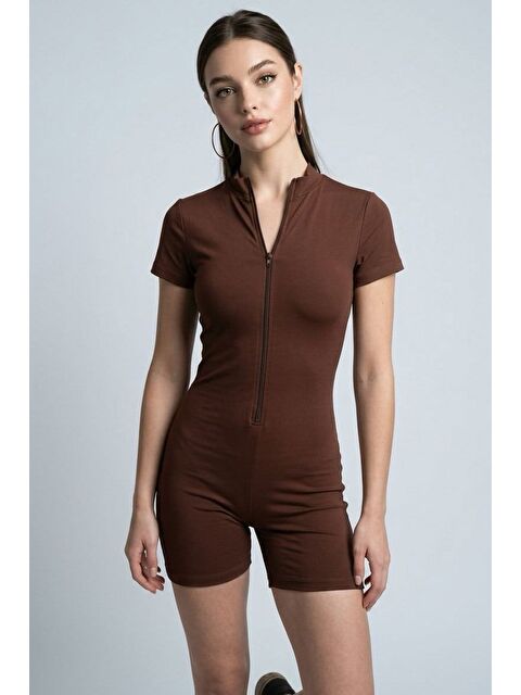 Madmext Kahverengi Slim Fit Fermuarlı Şort Tulum Mg2794