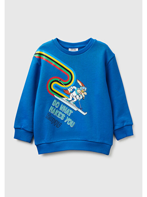 United Colors Of Benetton Erkek Çocuk Mavi Baskı ve Yazı Detaylı Bisiklet Yaka Sweatshirt - S000517362-17234
