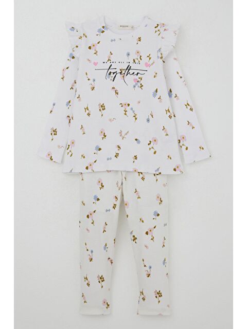 Breeze Kız Çocuk Taytlı Takım Renkli Çiçek Desenli Omuzu Fırfırlı Beyaz (2-6 Yaş) - S000433321-20063