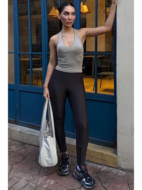 Madmext Kahverengi  Active Fit Toparlayıcı Fermuarlı Tayt Mg2791