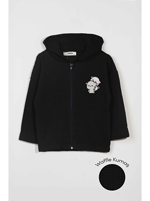 Luess Unisex Çocuk %100 Pamuklu Kedi Nakışlı Kışlık Waffle Hırka -Siyah (3-4 Yaş 8-9 Yaş) - S000341998-19351