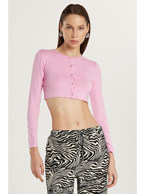 TUDORS Kadın Slim Fit Dar Kesim Uzun Kollu Bisiklet Yaka Pembe Hırka - S000522703-20024