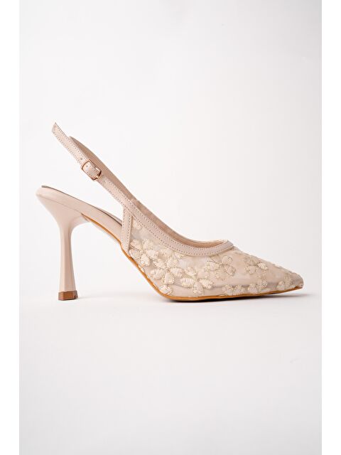 Muggo ARİS Dantel Detaylı Sivri Burun Arkası Açık İnce Topuklu Kadın Abiye Ayakkabı - S000513766-26407