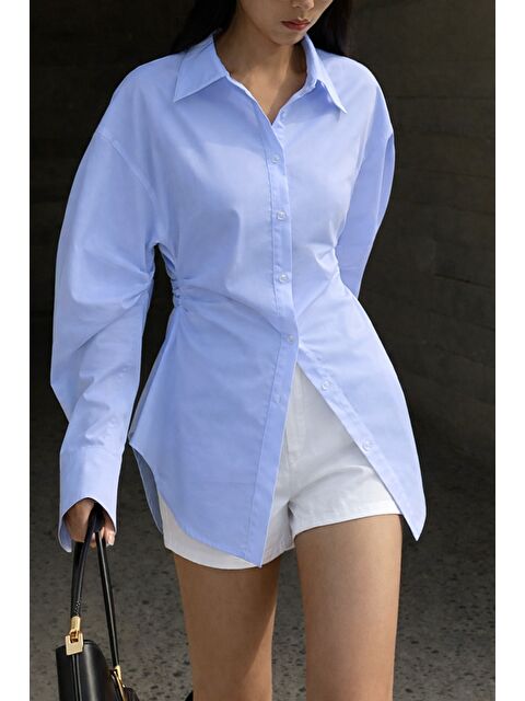 Tarz Cool Kadın Yan Büzgü Detaylı Gömlek Elastanlı Pamuklu Uzun Kollu Gömlek