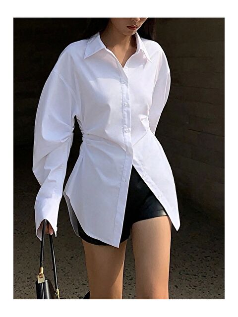 Tarz Cool Kadın Yan Büzgü Detaylı Gömlek Elastanlı Pamuklu Uzun Kollu Gömlek