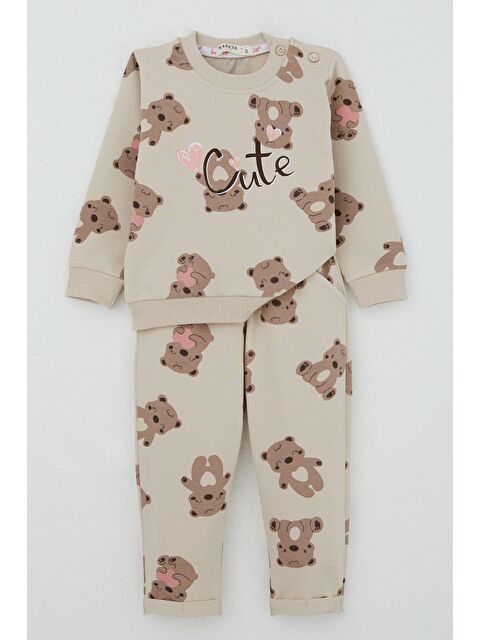 Breeze Kız Bebek Eşofman Takım Mutlu Ayıcık Desenli Bej (6 Ay-2 Yaş) - S000433329-19928