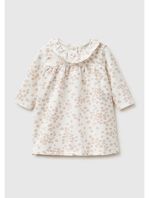 United Colors Of Benetton Bebek Krem Baskılı Arkası Düğmeli Uzun Kollu Fırfırlı Yaka Elbise - S000517349-19966