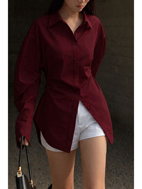 Tarz Cool Kadın Yan Büzgü Detaylı Gömlek Elastanlı Pamuklu Uzun Kollu Gömlek