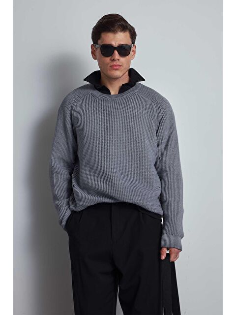 Abluka Online Erkek Oversize Yıkamalı Distressed Triko Kazak Gri - S000457374-20600