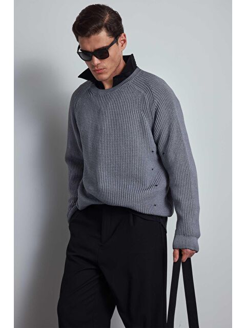 Abluka Online Erkek Oversize Yıkamalı Distressed Triko Kazak Gri - S000457374-20600