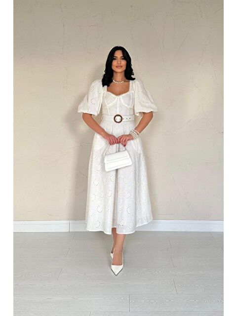 Jane's Ekru Göğüs Kup Detaylı Kemerli Brode Elbise - S000527657-19965