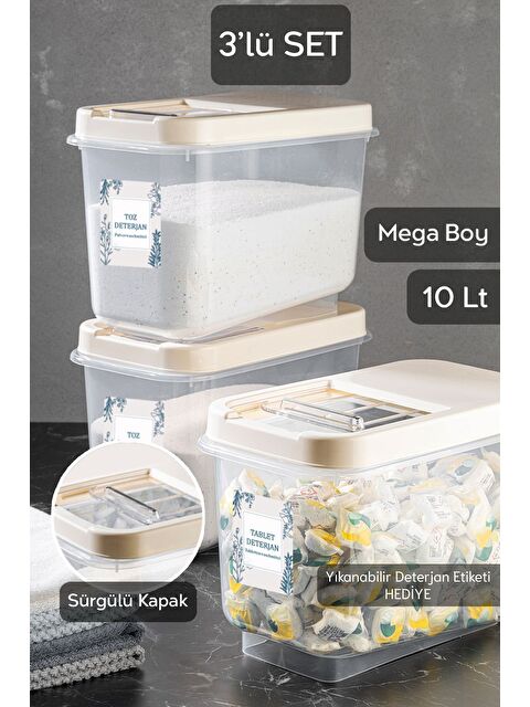 Meleni Home 3 lü 10 Lt Mega Banyo Düzenleyici   Kayar Kapaklı Etiketli Toz Tablet Deterjan Saklama Kutusu Krem - S000387401-19966