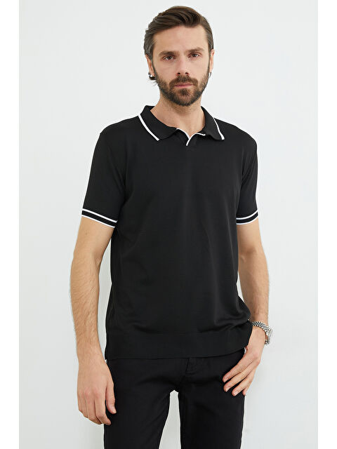 Fullamoda Yaka Ve Kol Çizgili Apaş Yaka Triko Tişört