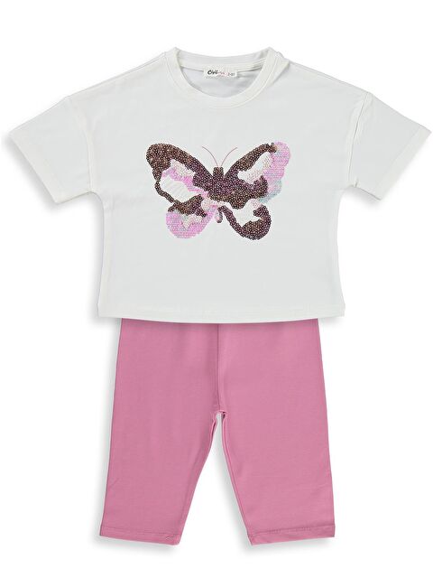 Civil Girls Kelebek Nakışlı 2-5 Yaş Takım - Ekru-Soft Pembe