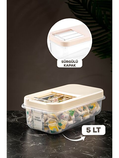 Meleni Home 5 Lt Kayar Kapaklı Tablet Deterjan Saklama Kabı   Etiketli Deterjan Saklama Kutusu Krem - S000387404-19966