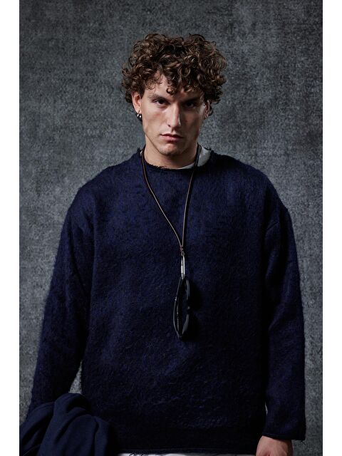 Abluka Online Erkek Dokulu Oversize Kazak Lacivert - S000457376-21164