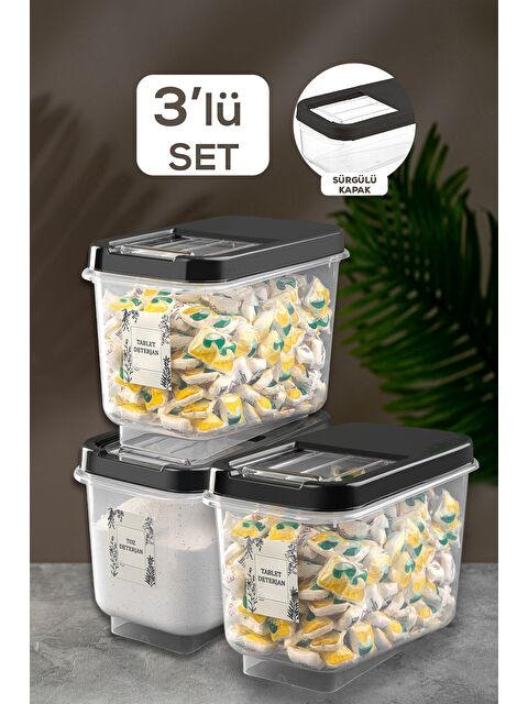 Meleni Home 3 lü Mega Boy 10 Lt Kayar Kapaklı Deterjan Saklama Kabı   Tablet Deterjan Saklama Kutusu Antrasit - S000387350-29666