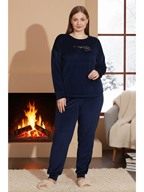 Remsa Büyük Beden Kadın Kadife Pijama Takımı 25396 Lacivert - S000494462-21164