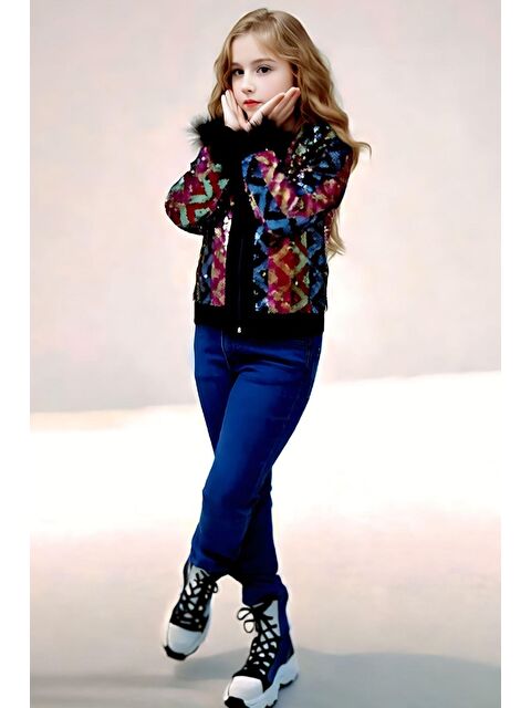 Riccotarz Kız Çocuk Pullu Zikzak Desenli Kürklü Ceket ve Jean Pantolon Siyah Alt Üst Takım - S000521231-19351