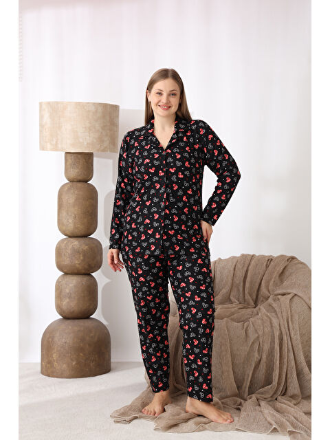 SEBOTEKS Boydan Düğmeli Desenli Süet Kumaş Büyük Beden Kadın Pijama Takımı 510 - S000494464-19351