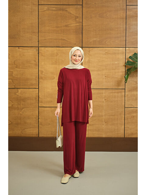 Locco Moda Kadın Yanları Yırtmaç Detay İkili Takım Bordo - S000527070-19951