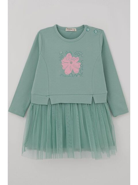 Breeze Kız Çocuk Uzun Kollu Elbise Çiçek Baskılı Tüllü Su Yeşili (2-6 Yaş)