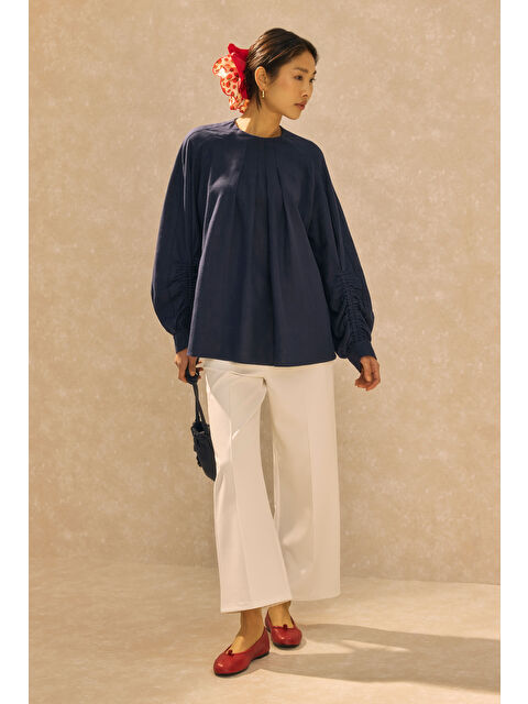 HE-QA Kol Büzgülü Pamuk Keten Tunik Gece Mavisi