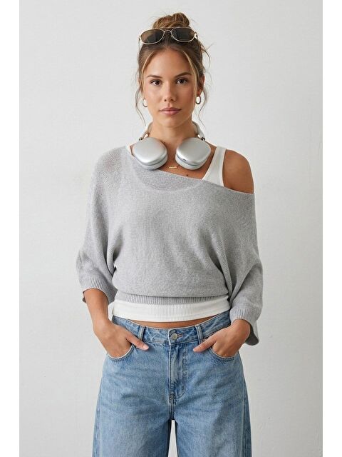 Madmext Gri Geniş Yaka Çift Katlı Triko Kazak Mg2780