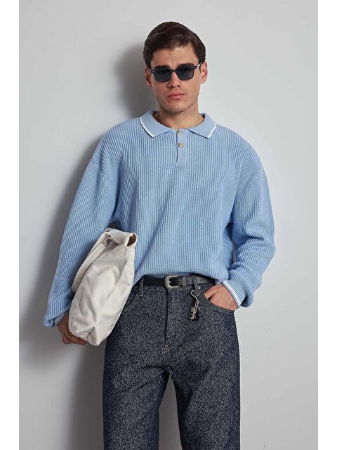 Abluka Online Erkek Oversize Polo Yaka Kontrast Detaylı Triko Kazak Açık Mavi - S000457378-17437