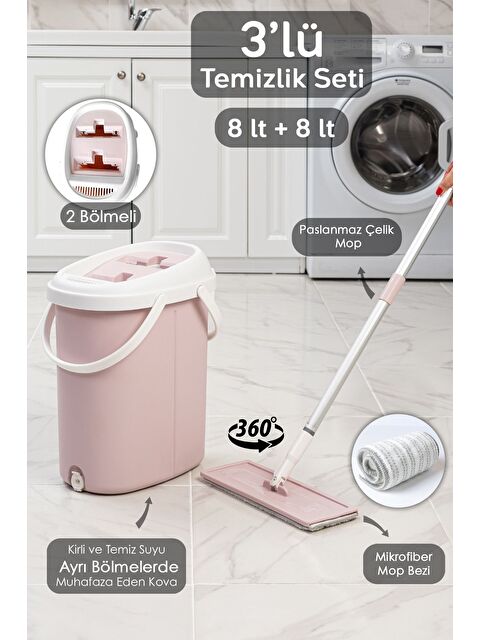 Meleni Home Yüzey Yer Silme Temizlik Seti Temiz Kirli Su İki Bölmeli Kova Dönebilen Tablet Mop Paspas - S000387414-20024