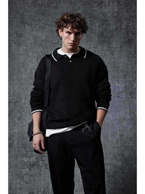 Abluka Online Erkek Oversize Polo Yaka Kontrast Detaylı Triko Kazak Siyah - S000457378-19351