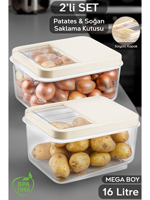 Meleni Home 2li 16 Litre Sürgülü Kapak Sebzelik Patates Soğan Sebze Saklama Kabı Erzak Saklama Kabı Krem - S000387416-19966
